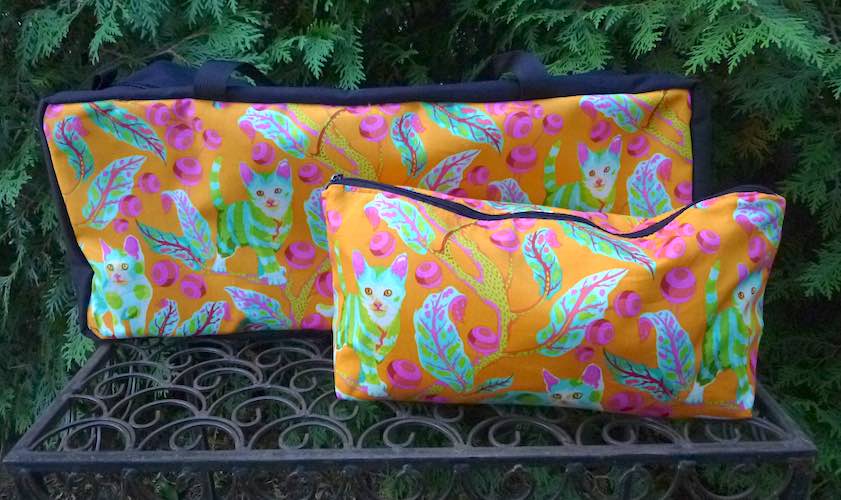 Tula Pink Disco Kitty, orange soft sided tote for mahjong racks and tiles with cats