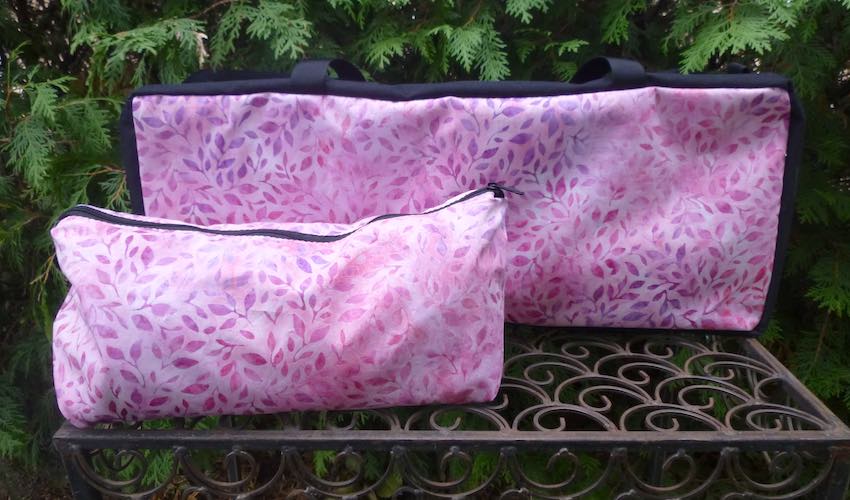 Pink batik soft sided zippered tote bag set for mahjong racks and tiles